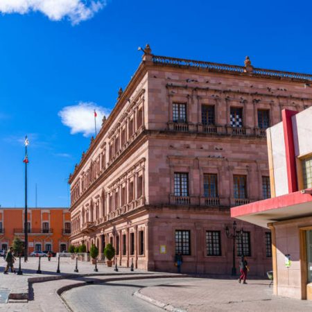 Saltillo, Coahuila, Mexico - November 21, 2019: The Pink Palace, state government building in the Plaza de Armas, Saltillo