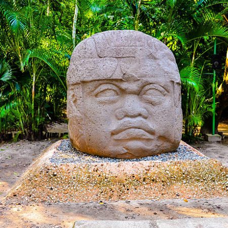 Thought to have been carved in 700BC, the colossal stone head, along with three others are the most famous monumental artifact in La Venta (now in Villahermosa), Mexico.